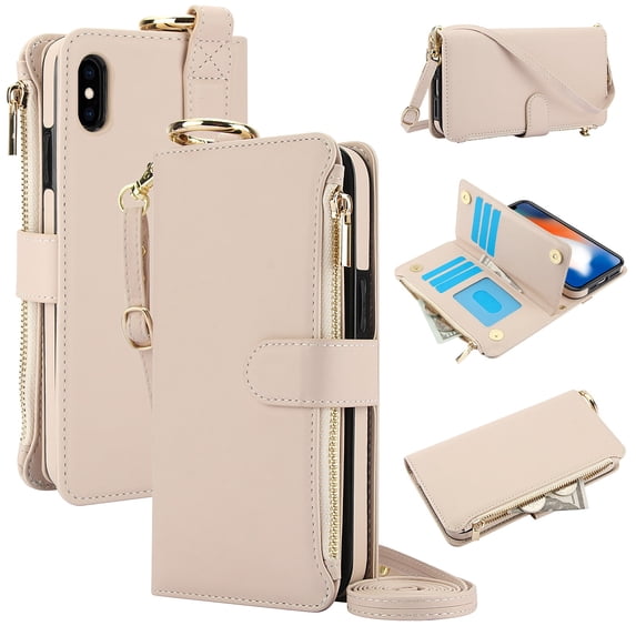 ELEHOLD For iPhone XR Phone Case Leather Crossbody Zipper Card Wallet Flip Case Kickstand Cover, with Ring Holder,Full Body Protection-White