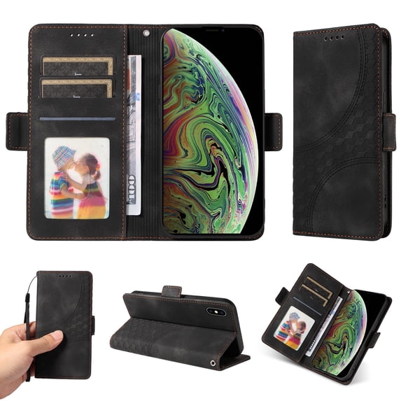 ELEHOLD For iPhone XS/X Leather Wallet Phone Case, Embossed Diamond Folio Flip Cover, Card Holder Cash Slot, Stand Support, Wrist Strap Lanyard -Black