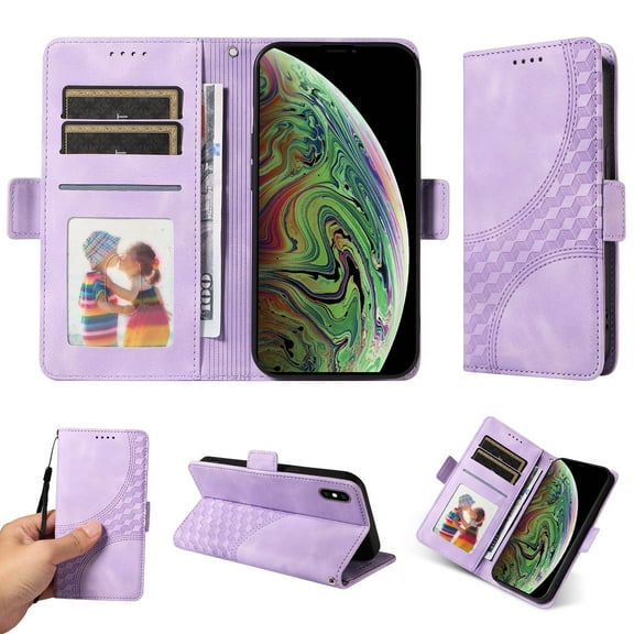 ELEHOLD For iPhone XS/X Leather Wallet Phone Case, Embossed Diamond Folio Flip Cover, Card Holder Cash Slot, Stand Support, Wrist Strap Lanyard -Purple