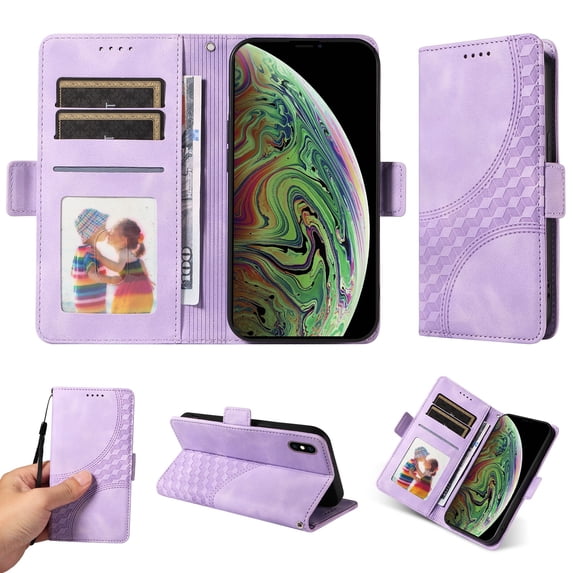ELEHOLD For iPhone XS/X Leather Wallet Phone Case, Embossed Diamond Folio Flip Cover, Card Holder Cash Slot, Stand Support, Wrist Strap Lanyard -Purple