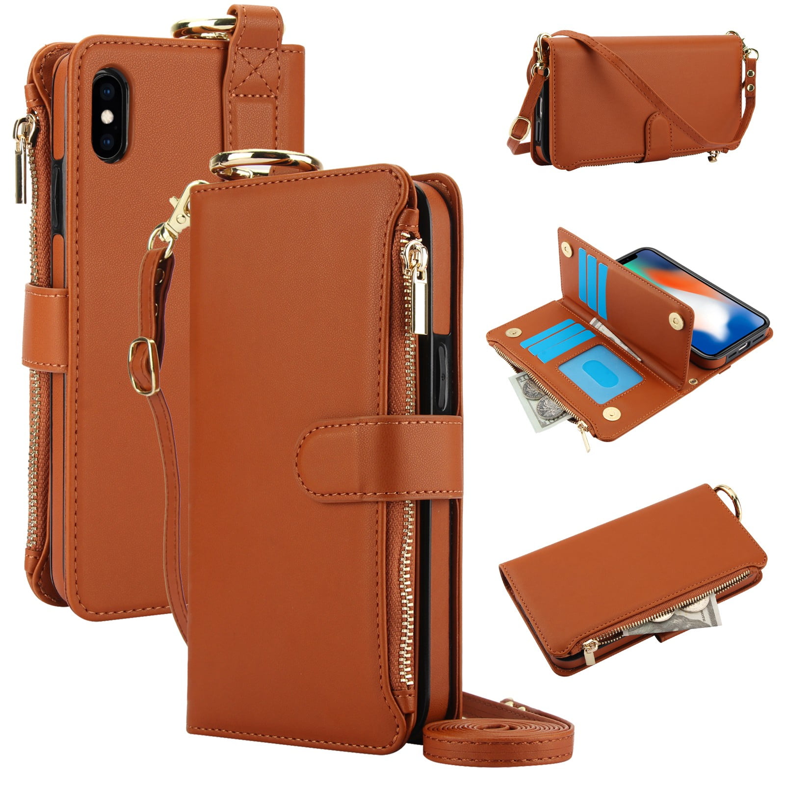 ELEHOLD For iPhone XS/X Phone Case Leather Crossbody Zipper Card Wallet Flip Case Kickstand Cover, with Ring Holder,Full Body Protection-Brown