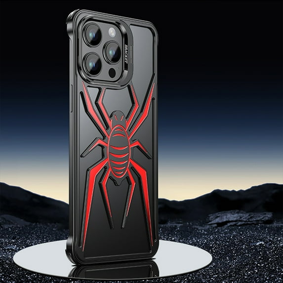 ELEHOLD Frameless Metal Case for iPhone 14 Pro Max Rugged Shockproof Bumper Case Spider Pattern Hollow Out Camera Lens Kickstand Slim Lightweight Protective Cover for iPhone 14 Pro Max,Black+Red
