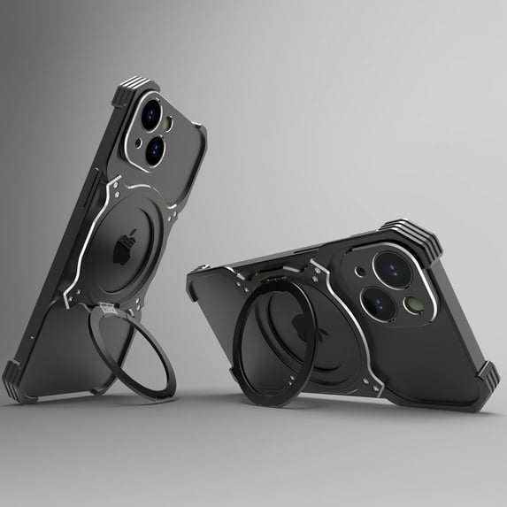 ELEHOLD Frameless Phone Case For iPhone 15 Minimalist Phone Case Magnetic Kickstand Ring Metal Frameless Protective Shock Case, MagSafe Compatible, Blacksilver