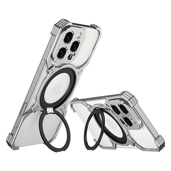 ELEHOLD Frameless Phone Case For iPhone 16 Pro Max Minimalist Phone Case Magnetic Kickstand Ring Metal Frameless Protective Shock Case, MagSafe Compatible, Silver