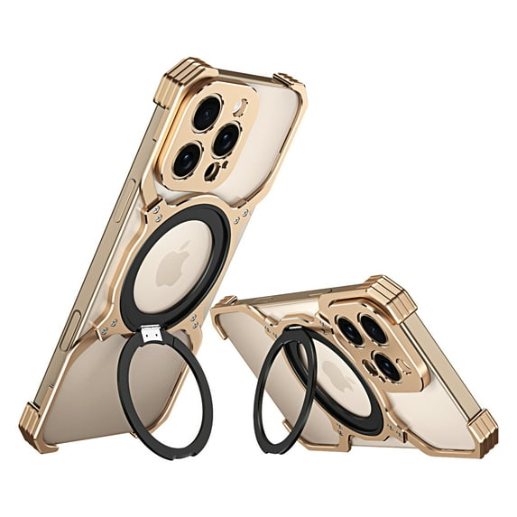 ELEHOLD Frameless Phone Case For iPhone 16 Pro Minimalist Phone Case Magnetic Kickstand Ring Metal Frameless Protective Shock Case, MagSafe Compatible, Goldensilver