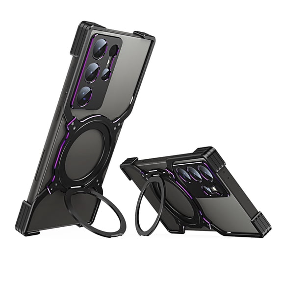 ELEHOLD Frameless Phone Case For Samsung Galaxy S23 Ultra Minimalist Phone Case Magnetic Kickstand Ring Metal Frameless Protective Shock Case, MagSafe Compatible, Blackpurple