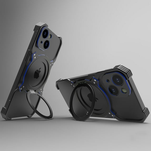 ELEHOLD Frameless Phone Case For iPhone 13 Minimalist Phone Case Magnetic Kickstand Ring Metal Frameless Protective Shock Case, MagSafe Compatible, Blackblue