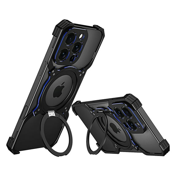 ELEHOLD Frameless Phone Case For iPhone 15 Pro Minimalist Phone Case Magnetic Kickstand Ring Metal Frameless Protective Shock Case, MagSafe Compatible, Blackblue