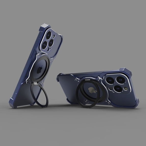 ELEHOLD Frameless Phone Case For iPhone 15 Pro Minimalist Phone Case Magnetic Kickstand Ring Metal Frameless Protective Shock Case, MagSafe Compatible, Darkblue