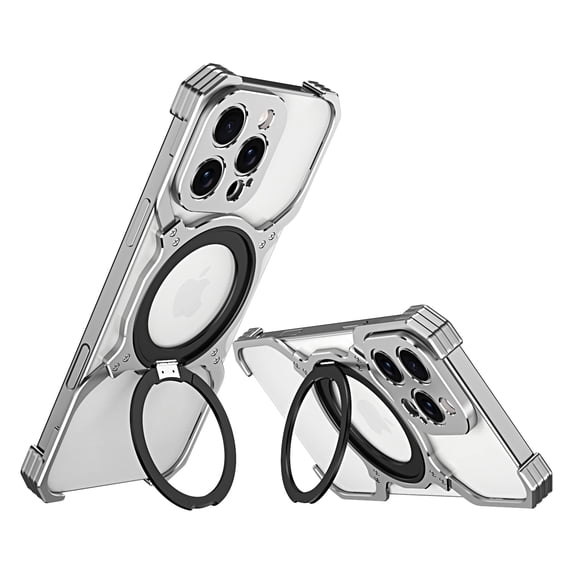 ELEHOLD Frameless Phone Case For iPhone 15 Pro Minimalist Phone Case Magnetic Kickstand Ring Metal Frameless Protective Shock Case, MagSafe Compatible, Silver