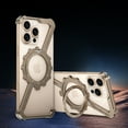thumbnail image 1 of ELEHOLD Frosted Case For iPhone 16 Pro Max Z-Type Gear Design Alloy Frameless Shockproof Rugged Cover, Mag Safe Compatible, 360° Rotable Ring Kickstand -- Gold, 1 of 12