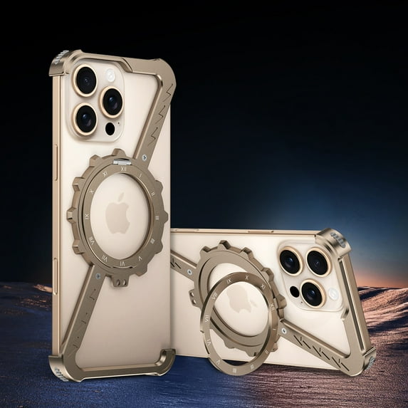ELEHOLD Frosted Case For iPhone 16 Pro Max Z-Type Gear Design Alloy Frameless Shockproof Rugged Cover, Mag Safe Compatible, 360° Rotable Ring Kickstand -- Gold