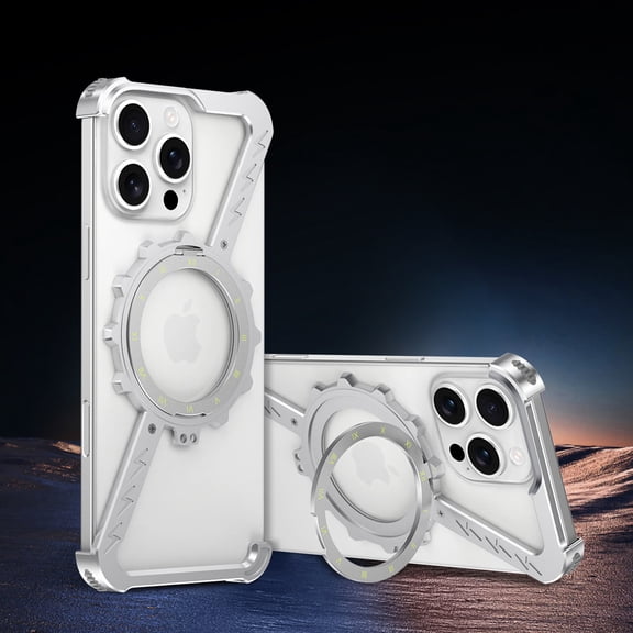 ELEHOLD Frosted Case For iPhone 16 Pro Max Z-Type Gear Design Alloy Frameless Shockproof Rugged Cover, Mag Safe Compatible, 360° Rotable Ring Kickstand -- Silver