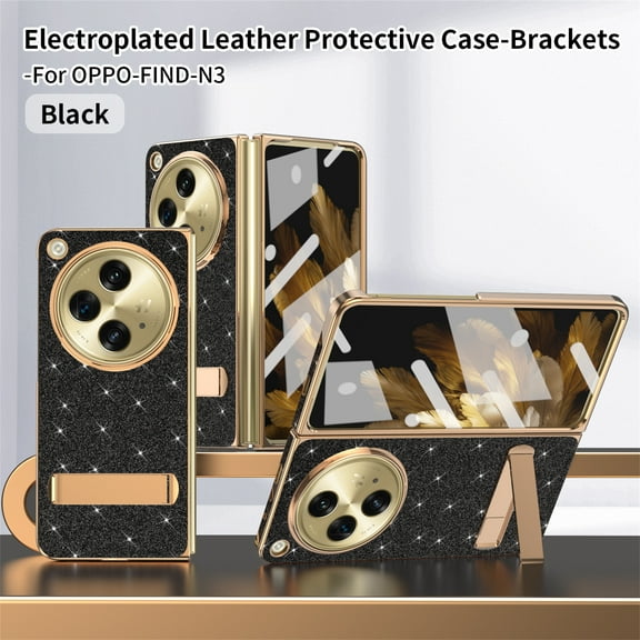 ELEHOLD Full Body Case for OnePlus 
Open with Built-in Screen Protector Hidden Metal Kickstand Plating Glitter Sparkle PU Leather Ultra Slim Anti-Scratch Shockproof Protective for OnePlus Open,Black