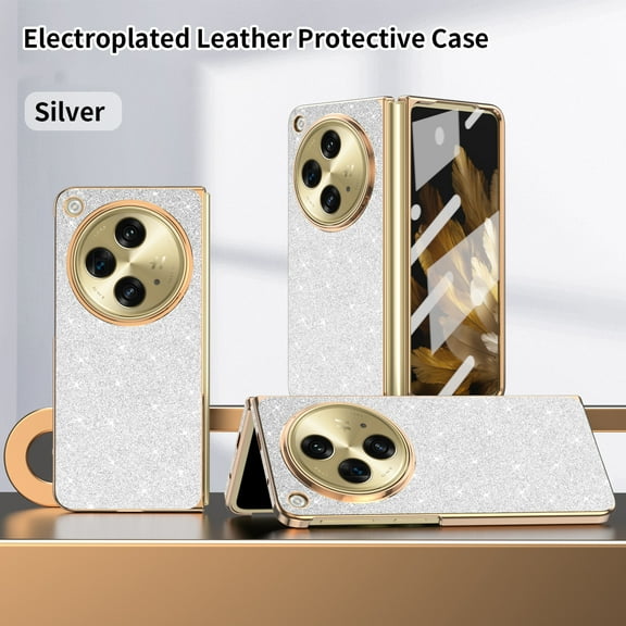 ELEHOLD Full Body Case for OnePlus 
Open with Built-in Screen Protector Plating Glitter Sparkle PU Leather Ultra Slim Anti-Scratch Shockproof Protective for OnePlus Open,Silver