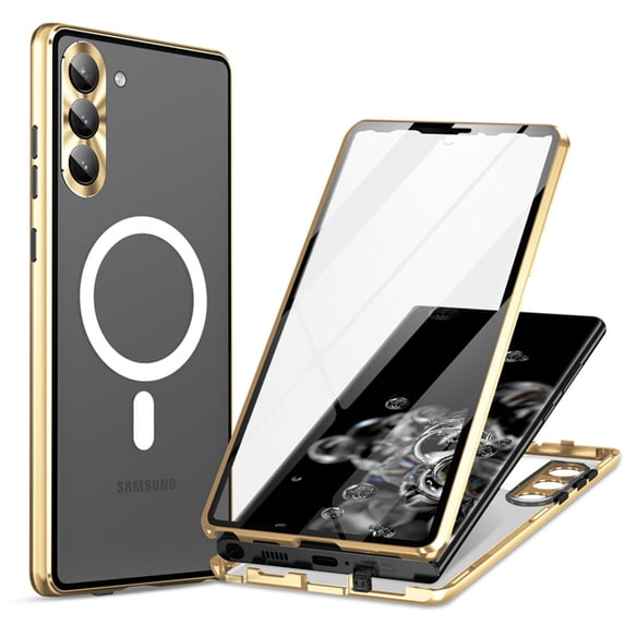 ELEHOLD Full Body Case for Samsung Galaxy S24 with Screen Protector Transparent Clear Plating Bumper Hard PC Back Magnetic Mag Safe Camera Lens Protector Shockproof Case for Samsung S24,Gold