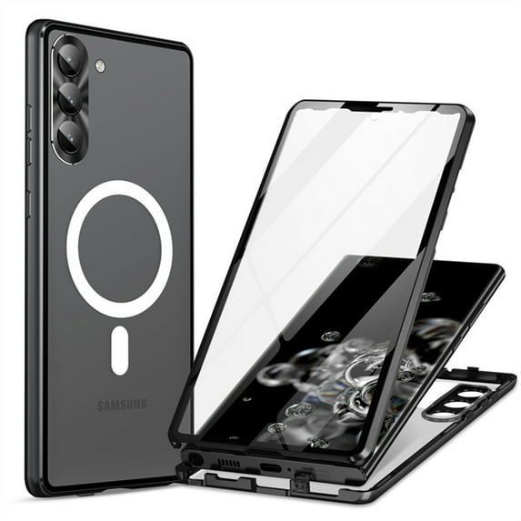 ELEHOLD Full Body Case for Samsung Galaxy S24 with Screen Protector Transparent Clear Plating Bumper Hard PC Back Magnetic Mag Safe Camera Lens Protector Shockproof Case for Samsung S24,Black