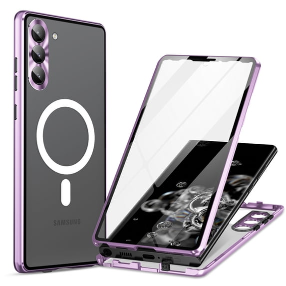 ELEHOLD Full Body Case for Samsung Galaxy S24 with Screen Protector Transparent Clear Plating Bumper Hard PC Back Magnetic Mag Safe Camera Lens Protector Shockproof Case for Samsung S24,Purple