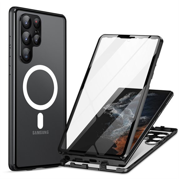 ELEHOLD Full Body Case for Samsung Galaxy S24 Ultra with Screen Protector Transparent Clear Plating Bumper Hard PC Magnetic Mag Safe Camera Lens Protector Shockproof Case for Samsung S24 Ultra,Black