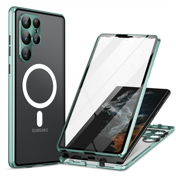 ELEHOLD Full Body Case for Samsung Galaxy S24 Ultra with Screen Protector Transparent Clear Plating Bumper Hard PC Magnetic Mag Safe Camera Lens Protector Shockproof Case for Samsung S24 Ultra,Green