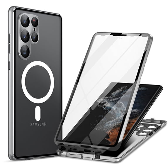 ELEHOLD Full Body Case for Samsung Galaxy S24 Ultra with Screen Protector Transparent Clear Plating Bumper Hard PC Magnetic Mag Safe Camera Lens Protector Shockproof Case for Samsung S24 Ultra,Silver