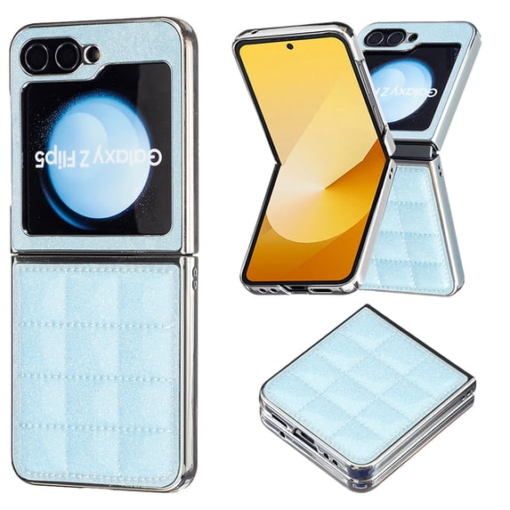 ELEHOLD Full Body Case for Samsung Galaxy Z Flip 6, Trellis Design Bling Sparkly Shockproof Leather Case for Women Men,Lightblue