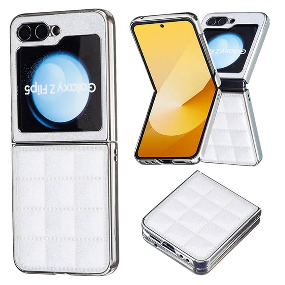 ELEHOLD Full Body Case for Samsung Galaxy Z Flip 6, Trellis Design Bling Sparkly Shockproof Leather Case for Women Men,White