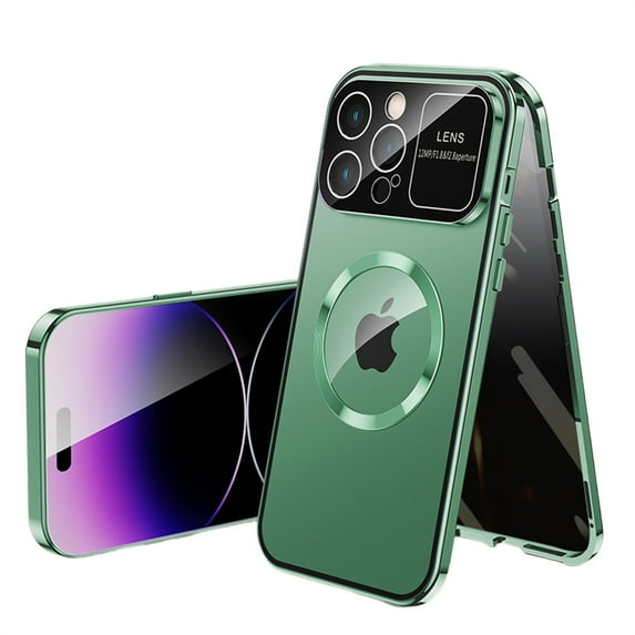 ELEHOLD Full Body Case for iPhone 12 Pro Magnetic Case with Anti-Peeping Privacy Protection Screen Protector Metal Frame Camera Lens Protection Shockproof Double Sided Rugged Case,green