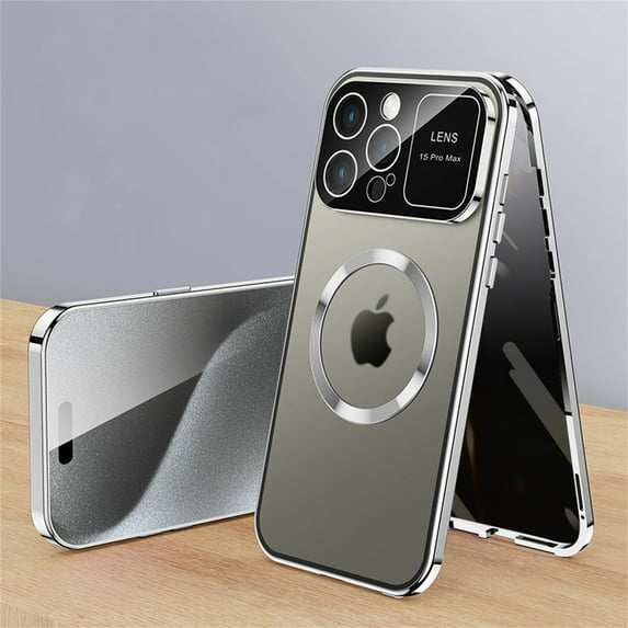 ELEHOLD Full Body Case for iPhone 16 Plus Magnetic Case with Anti-Peeping Privacy Protection Screen Protector Metal Frame Camera Lens Protection Shockproof Double Sided Rugged Case,Silver