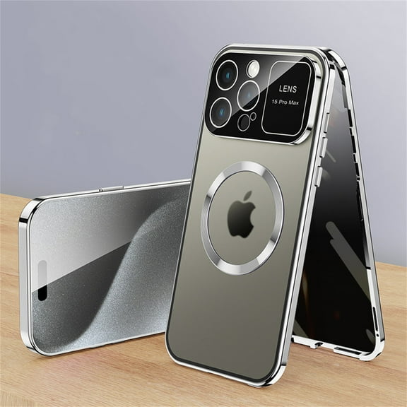 ELEHOLD Full Body Case for iPhone 16 Pro Max Magnetic Case with Anti-Peeping Privacy Protection Screen Protector Metal Frame Camera Lens Protection Shockproof Double Sided Rugged Case,Silver