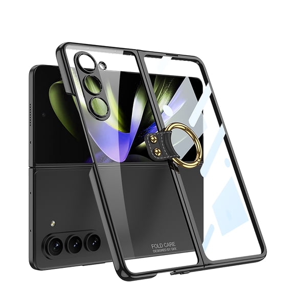 ELEHOLD Full Body Clear Case for Samsung Galaxy Z Fold5,with Built-in Screen Protector Metal Ring Holder Transparent Crystal Clear Shockproof Protective Case for Samsung Z Fold 5 2023,Black