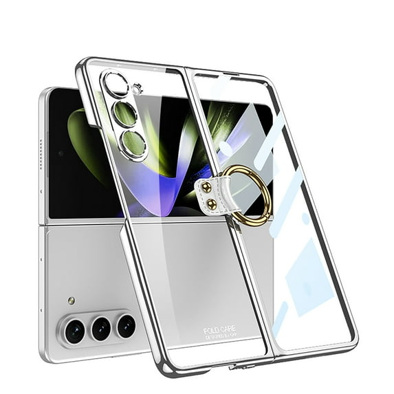 ELEHOLD Full Body Clear Case for Samsung Galaxy Z Fold5,with Built-in Screen Protector Metal Ring Holder Transparent Crystal Clear Shockproof Protective Case for Samsung Z Fold 5 2023,Silver
