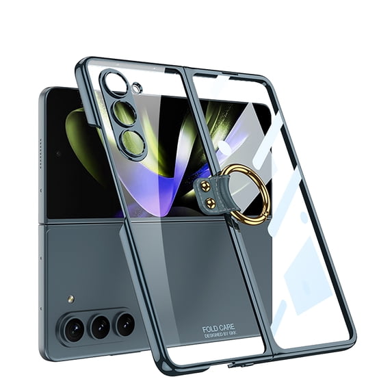 ELEHOLD Full Body Clear Case for Samsung Galaxy Z Fold5,with Built-in Screen Protector Metal Ring Holder Transparent Crystal Clear Shockproof Protective Case for Samsung Z Fold 5 2023,Darkgreen