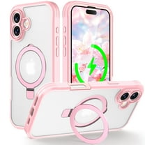 ELEHOLD Full Body Clear Case for iPhone 16, Shockproof Durable Case with Built-in Screen Protector & Magnetic Invisible Stand,Pink