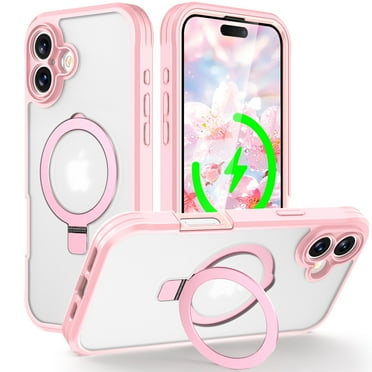 ELEHOLD Full Body Clear Case for iPhone 16, Shockproof Durable Case with Built-in Screen Protector & Magnetic Invisible Stand,Pink