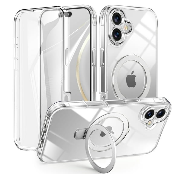 ELEHOLD Full Body Clear Magnetic Case for iPhone 17 Built-in Screen Protector , Shockproof Slim Rugged Magnetic Invisible Ring Stand Protective Case,Clear