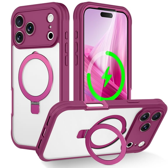 ELEHOLD Full Body Clear Magnetic Case for iPhone 17 Pro Built-in Screen Protector , Shockproof Slim Rugged Magnetic Invisible Ring Stand Protective Case,Rose