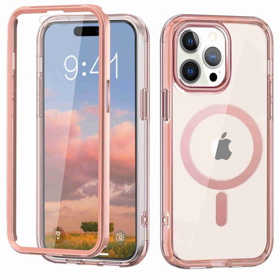ELEHOLD Full Body Magnetic Case for iPhone 13 Pro Max,Built-in Front Screen Protector 360 Protection Compatible with Mag Safe Transparent Clear Shockproof Cover for iPhone 13 Pro Max,Pink