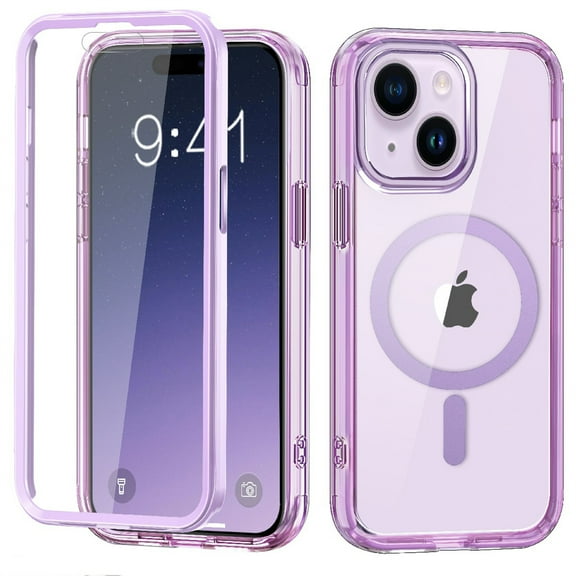 ELEHOLD Full Body Magnetic Case for iPhone 15,Built-in Front Screen Protector 360 Protection Compatible with Mag Safe Transparent Clear Shockproof Cover for iPhone 15,Lightpurple
