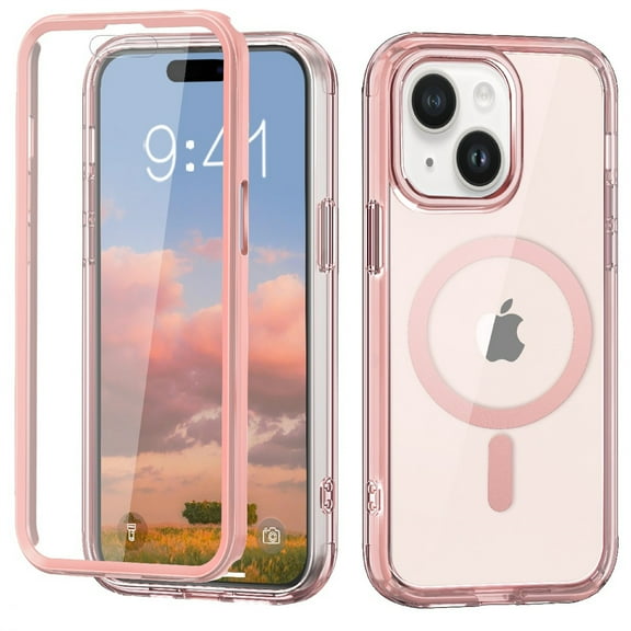 ELEHOLD Full Body Magnetic Case for iPhone 15,Built-in Front Screen Protector 360 Protection Compatible with Mag Safe Transparent Clear Shockproof Cover for iPhone 15,Pink