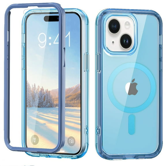 ELEHOLD Full Body Magnetic Case for iPhone 15 Plus,Built-in Front Screen Protector 360 Protection Compatible with Mag Safe Transparent Clear Shockproof Cover for iPhone 15 Plus,Blue