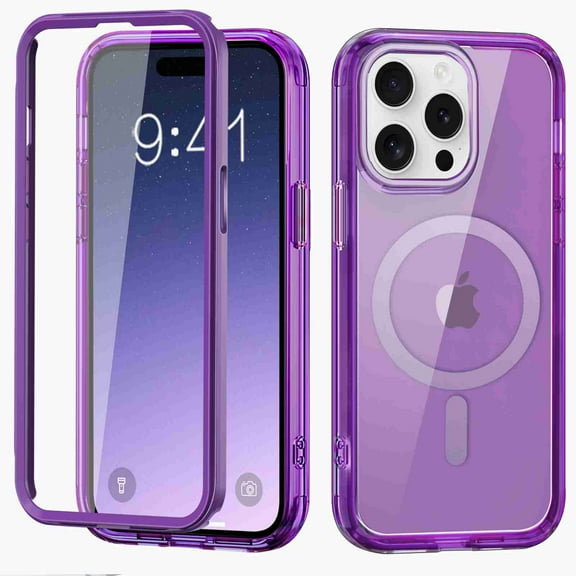 ELEHOLD Full Body Magnetic Case for iPhone 15 Pro,Built-in Front Screen Protector 360 Protection Compatible with Mag Safe Transparent Clear Shockproof Cover for iPhone 15 Pro,Darkpurple