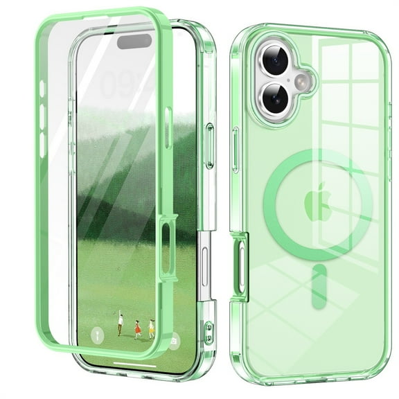 ELEHOLD Full Body Magnetic Case for iPhone 16 Plus,Built-in Front Screen Protector 360 Protection Compatible with Mag Safe Transparent Clear Shockproof Cover for iPhone 16 Plus,Green