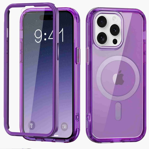 ELEHOLD Full Body Magnetic Case for iPhone 16 Pro,Built-in Front Screen Protector 360 Protection Compatible with Mag Safe Transparent Clear Shockproof Cover for iPhone 16 Pro,Darkpurple