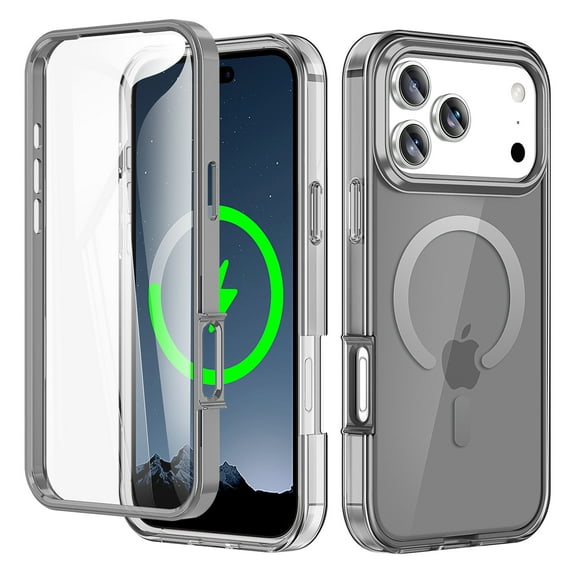 ELEHOLD Full Body Magnetic Case for iPhone 17 Pro,Built-in Front Screen Protector 360 Protection Compatible with Mag Safe Transparent Clear Shockproof Cover for iPhone 17 Pro,Gray