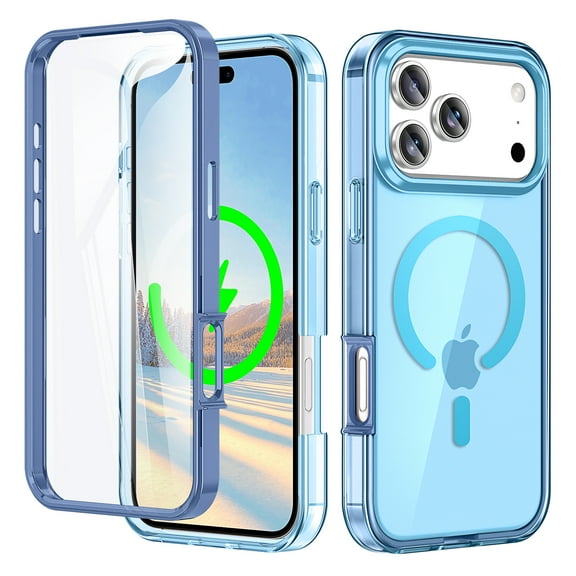 ELEHOLD Full Body Magnetic Case for iPhone 17 Pro Max,Built-in Front Screen Protector 360 Protection Compatible with Mag Safe Transparent Clear Shockproof Cover for iPhone 17 Pro Max,Blue