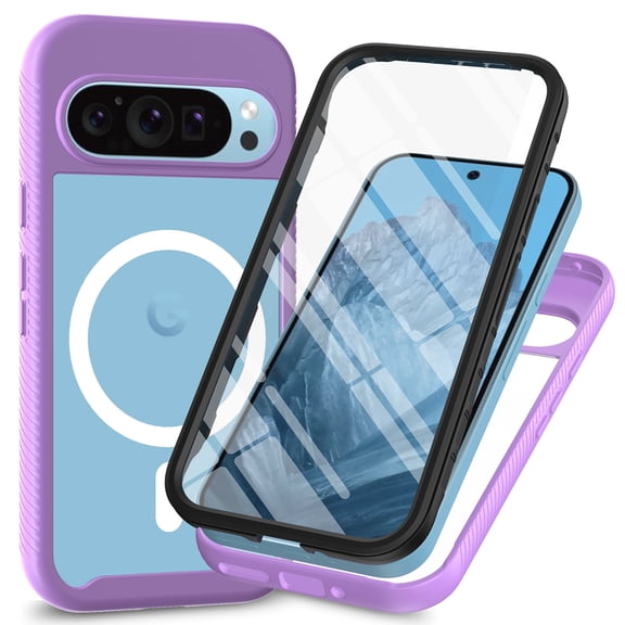 ELEHOLD Full Body Protection Case for Google Pixel 8,Shockproof TPU + PC Case Compatible with Mag Safe Built-in Screen Protector Cover for Google Pixel 8,Purple