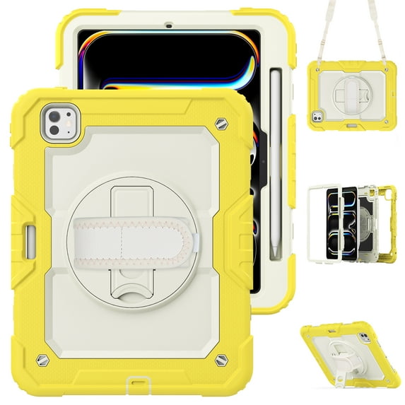 ELEHOLD Full Body Protective Case for iPad Pro 11 inch 2024,Heavy Duty 3-Layer Protection Case Built-in Screen Protector 360° Rotating Kickstand Handstrap Shoulder Strap Shockproof Cover,Yellow