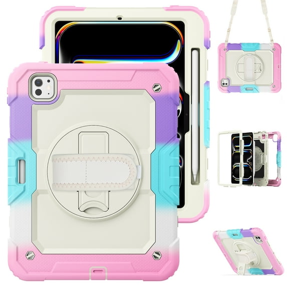 ELEHOLD Full Body Protective Case for iPad Pro 11 inch 2024,Heavy Duty 3-Layer Protection Case Built-in Screen Protector 360° Rotating Kickstand Handstrap Shoulder Strap Shockproof Cover,Rainbow/Pink