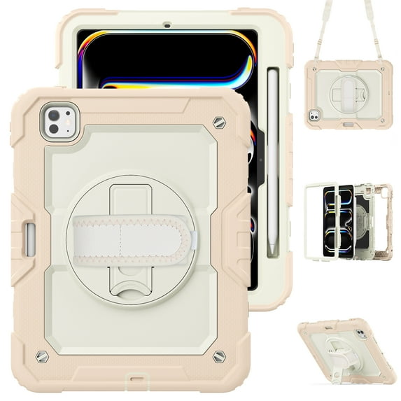 ELEHOLD Full Body Protective Case for iPad Pro 11 inch 2024,Heavy Duty 3-Layer Protection Case Built-in Screen Protector 360° Rotating Kickstand Handstrap Shoulder Strap Shockproof Cover,Rosegold